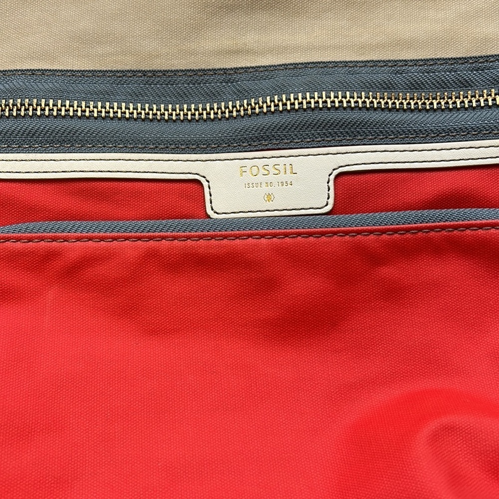 Fossil hobo shoulder and crossbody orange and tan textile bag 3 zipper closures - Picture 3 of 16